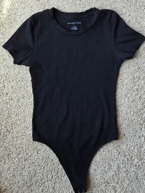 American Eagle Black Ribbed Bodysuit Short Sleeve Crew Neck Stretch Top Size M